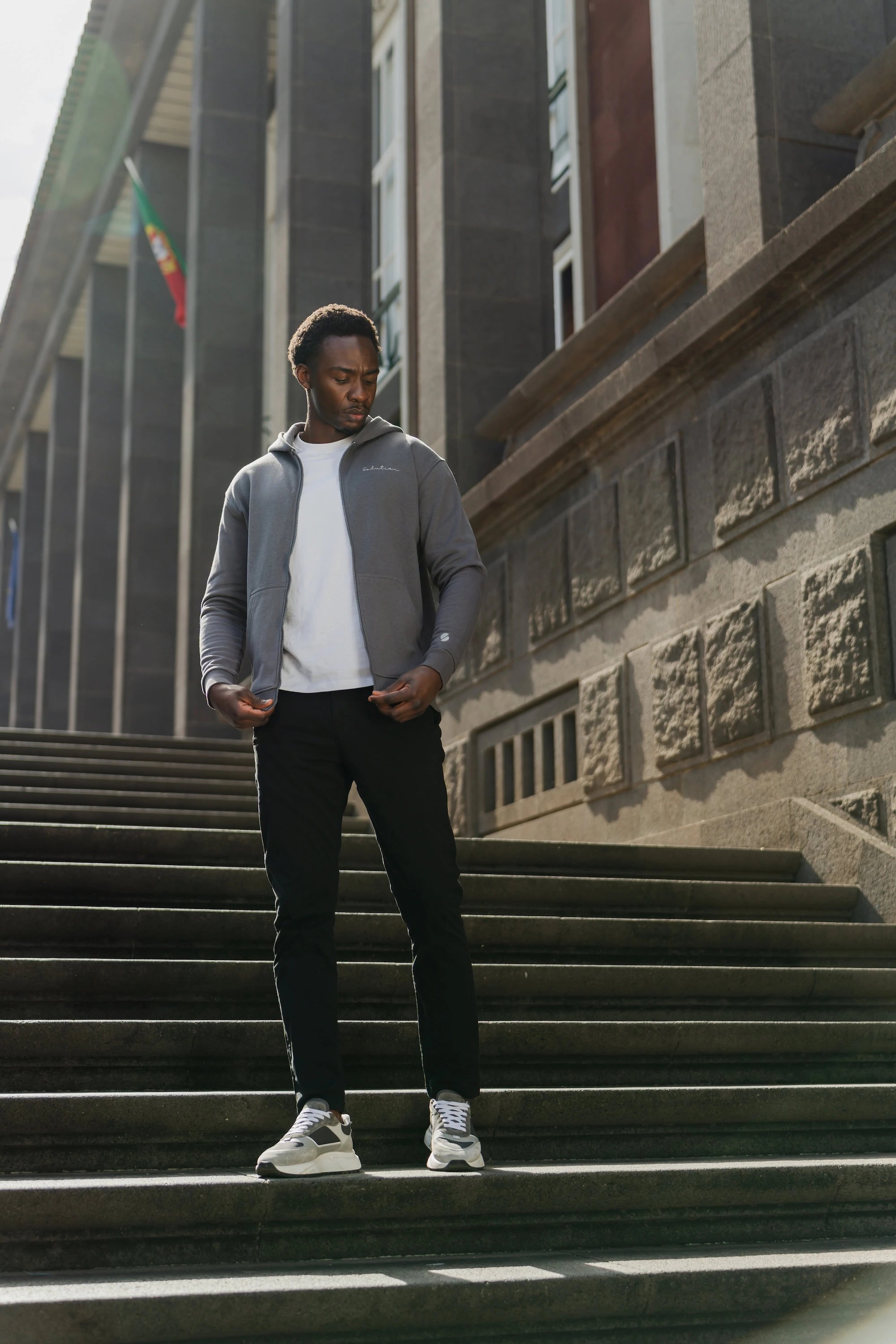 Essential Rubber Print Zipper Hoodie Iron Gate