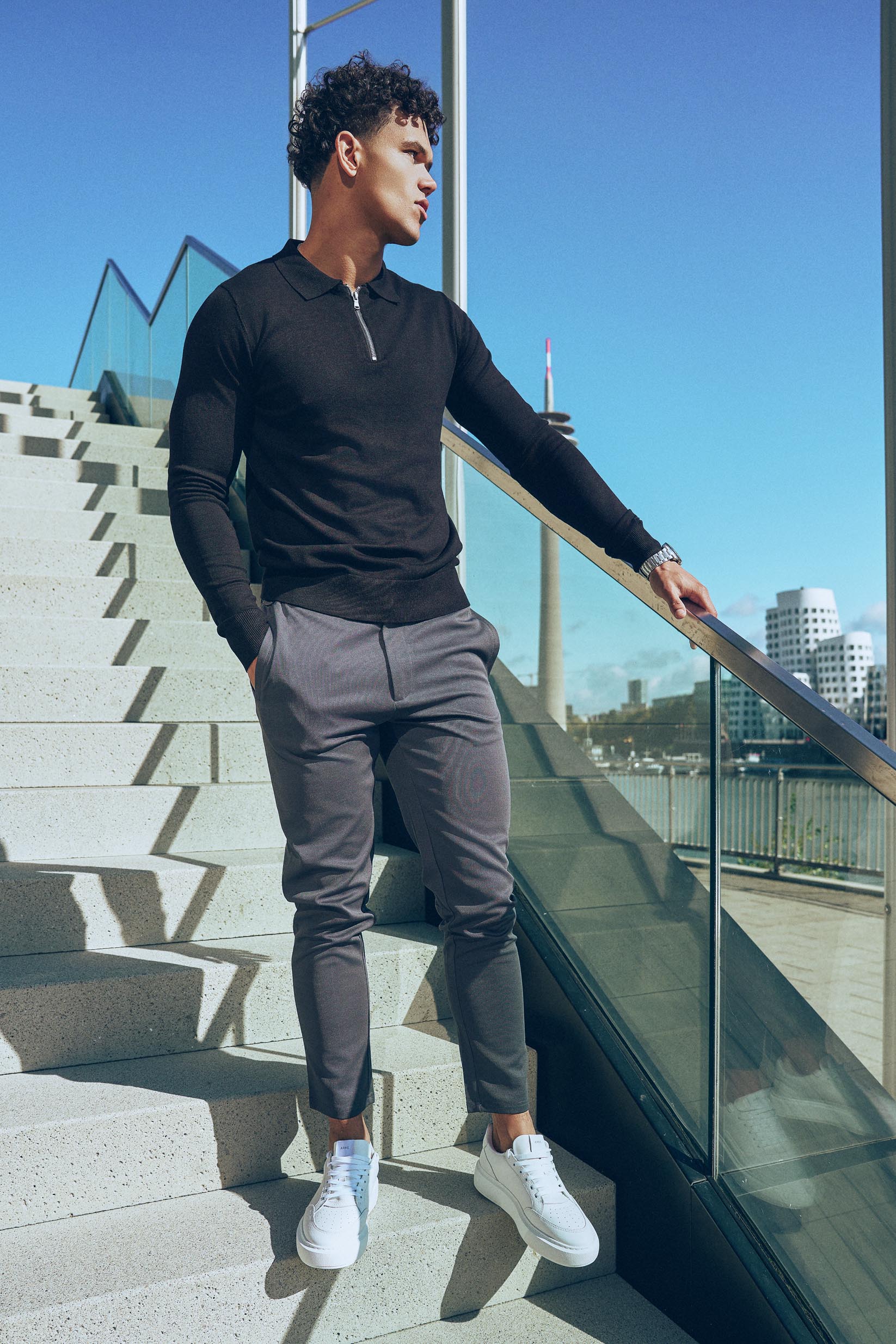 Nathan Zipper Longsleeve Polo Schwarz