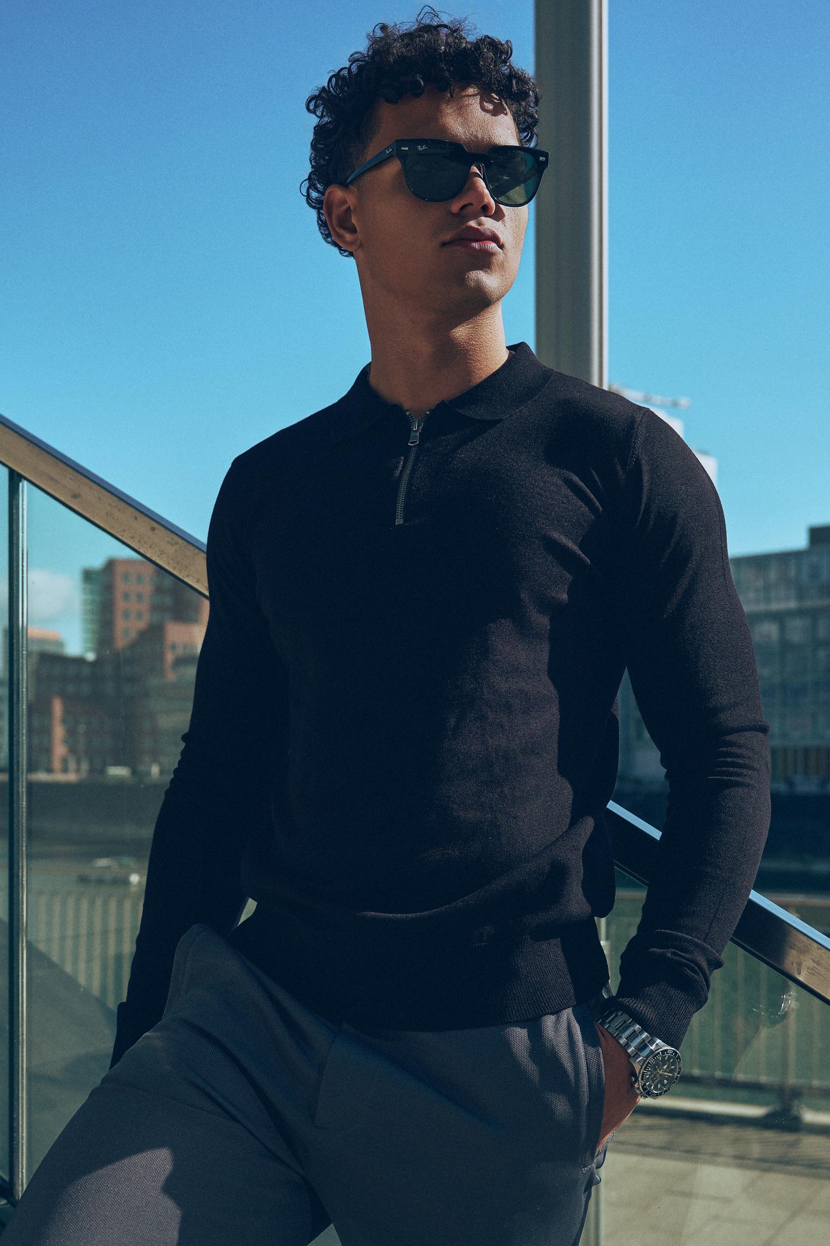 Nathan Zipper Longsleeve Polo Schwarz