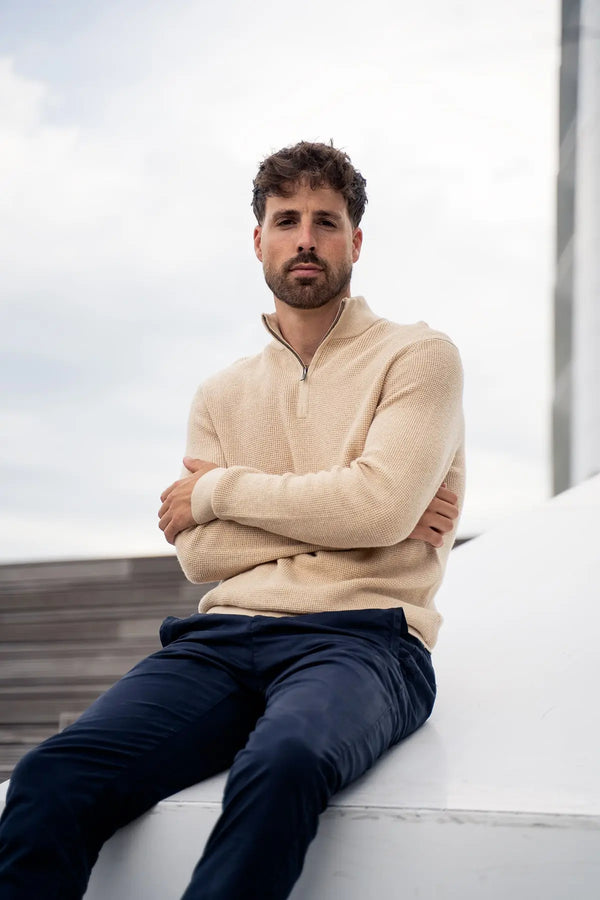 Peak Waffle Zipper Pullover Beige