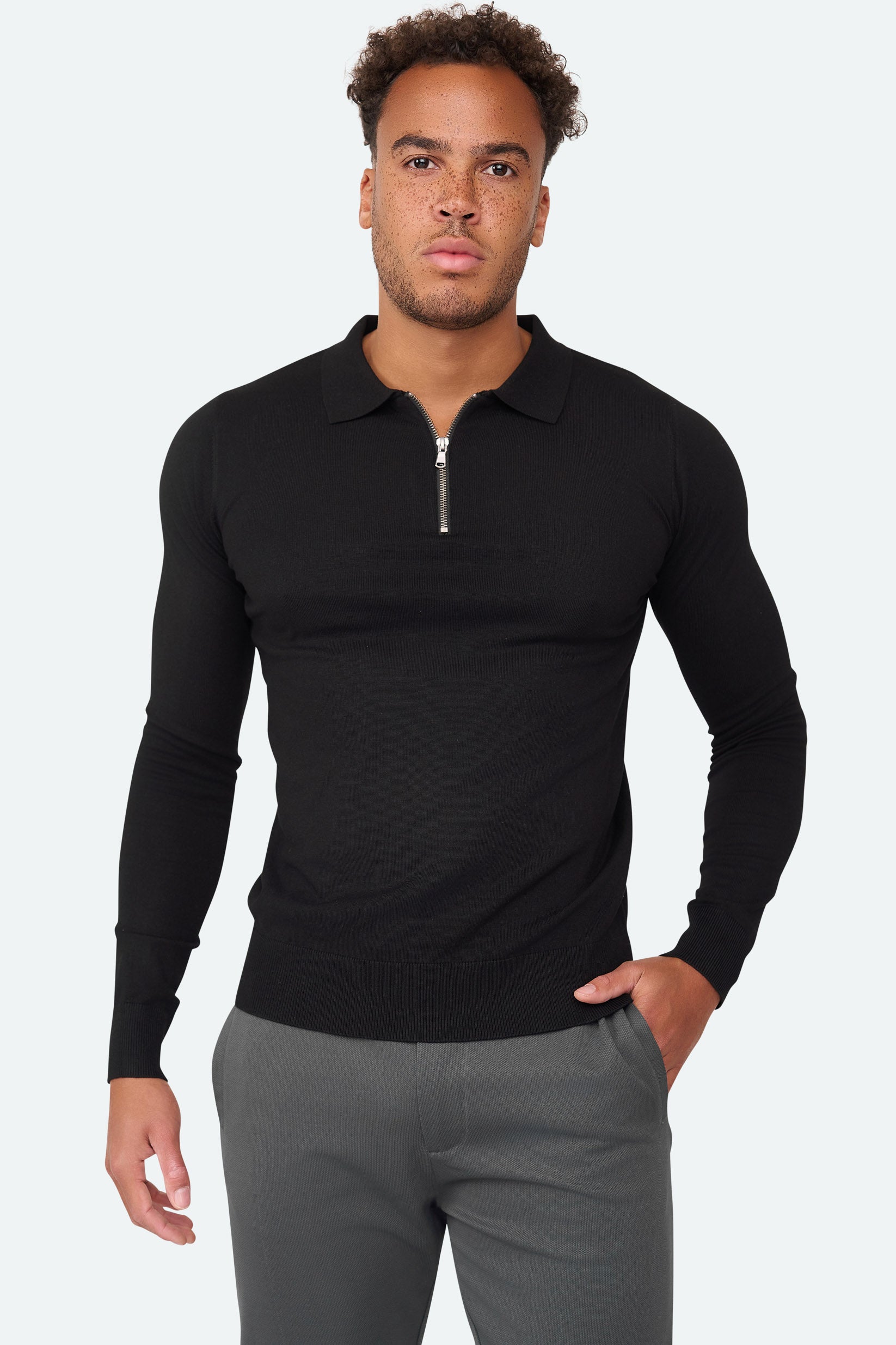 Nathan Zipper Longsleeve Polo Schwarz