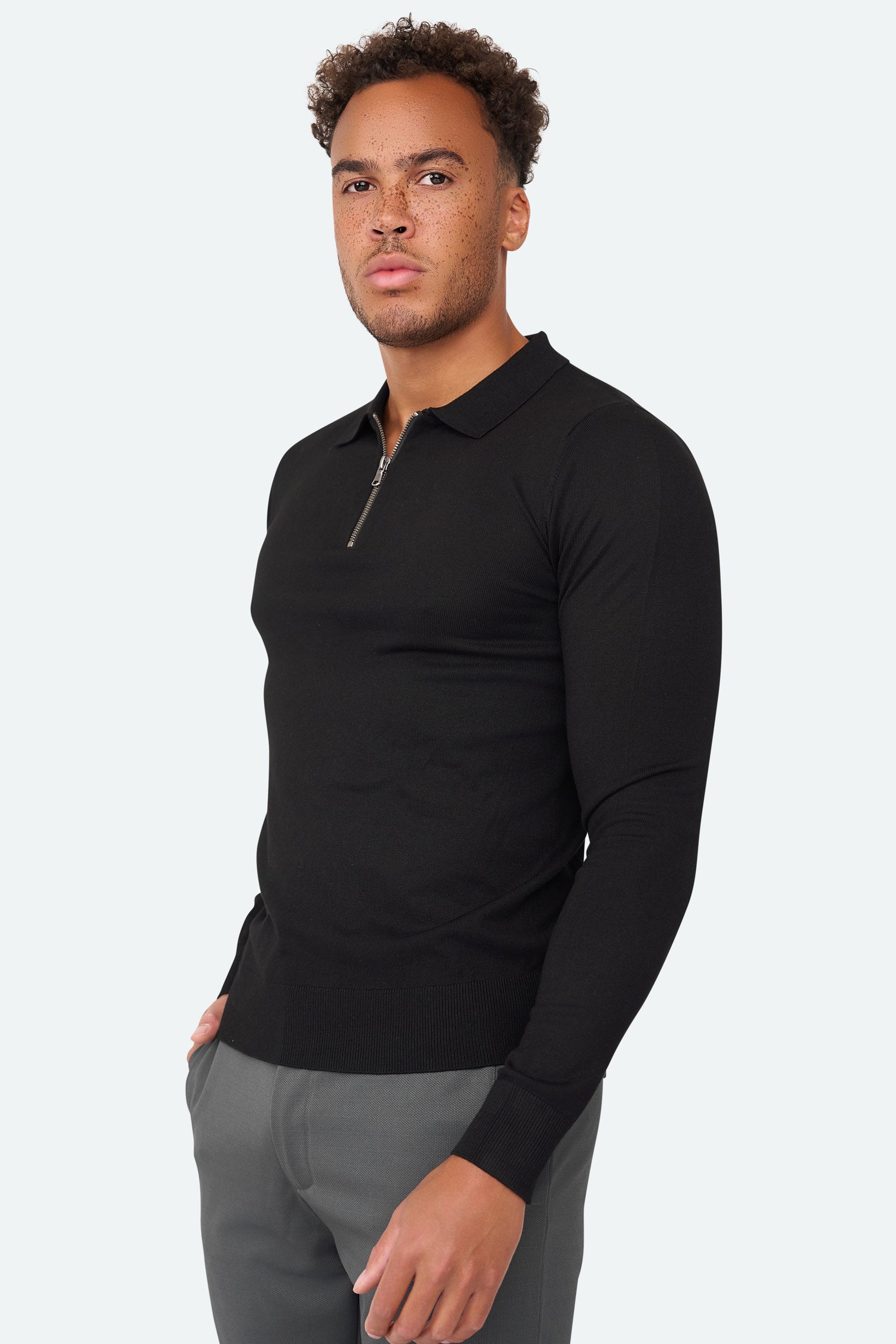 Nathan Zipper Longsleeve Polo Schwarz