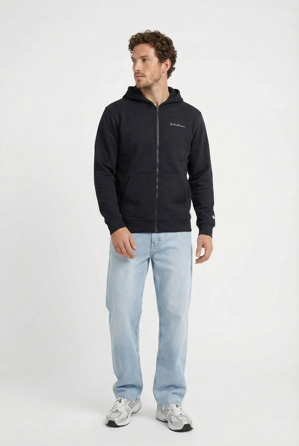 Essential Rubber Print Zipper Hoodie Black