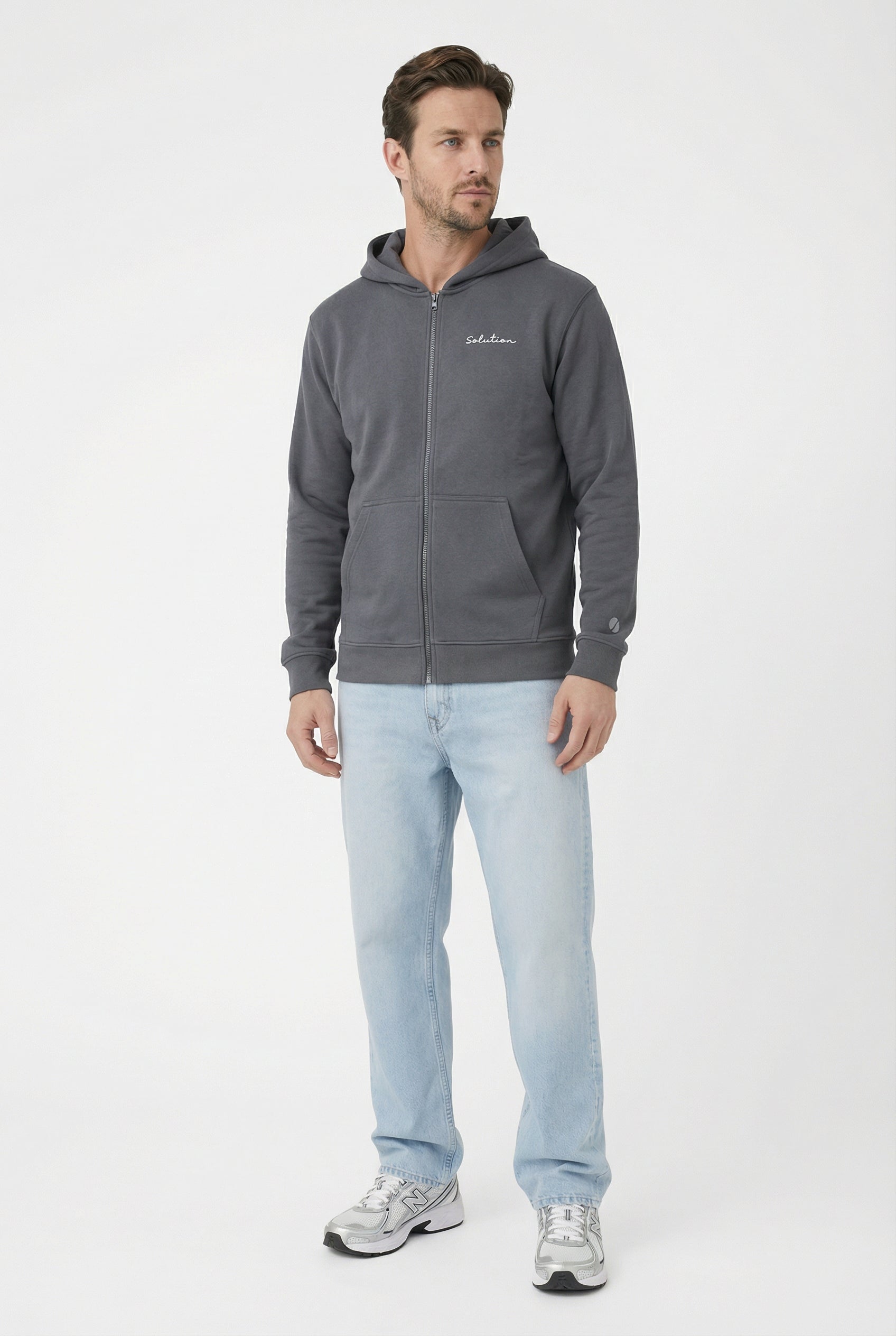 Essential Rubber Print Zipper Hoodie Iron Gate