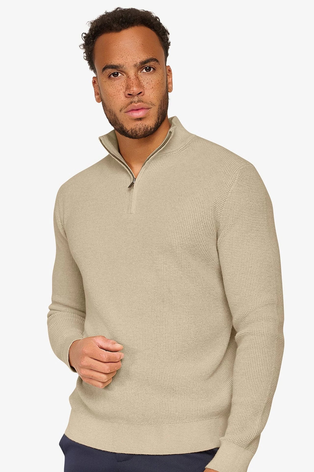 Peak Waffle Zipper Pullover Beige